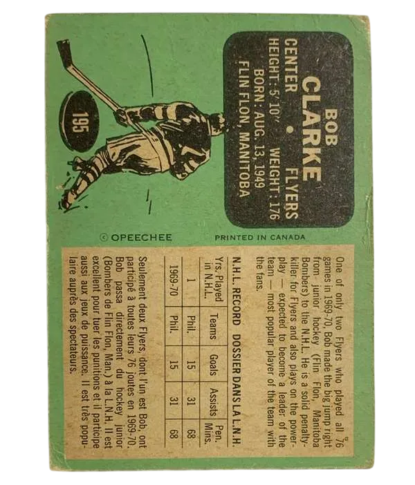 195 Bob Clarke 1970 71 O Pee Chee from Back Vg