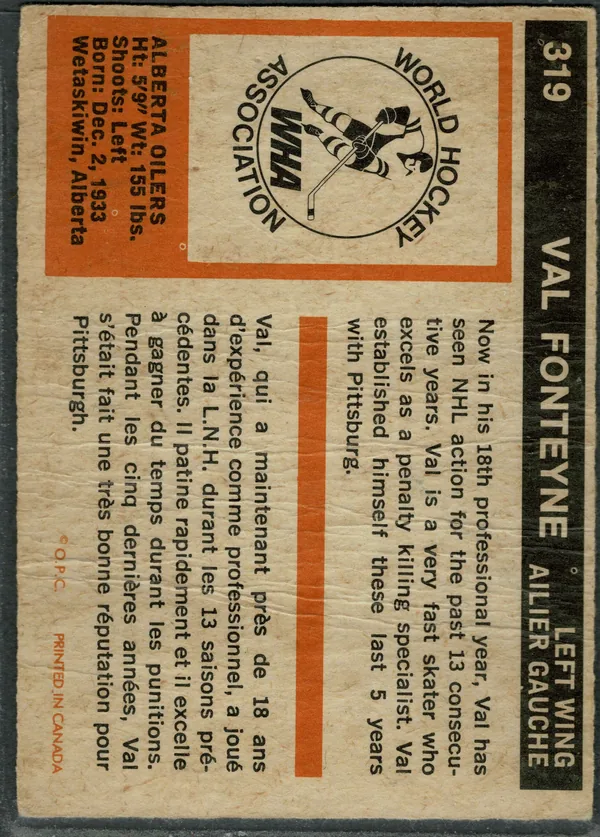 319 Val Fonteyne 1972 73 O Pee Chee from Back 1