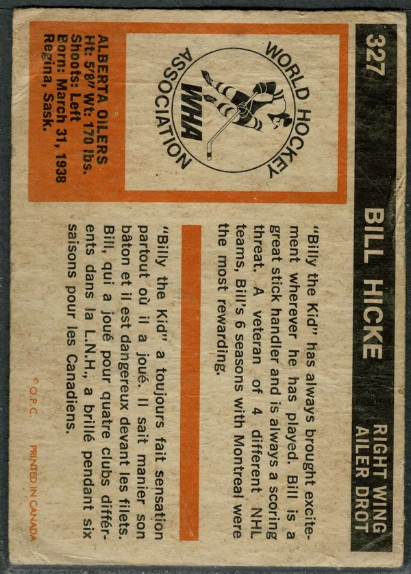 327 Bill Hicke 1972 73 O Pee Chee from Front