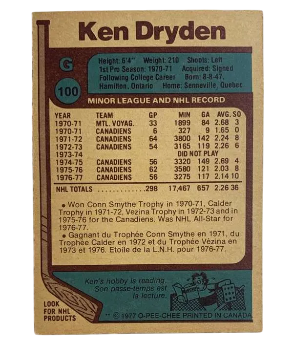 100 Ken Dryden 1977 78 O Pee from Chee Back
