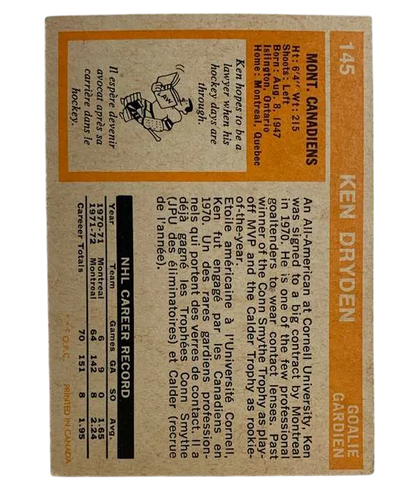 160 Ken Dryden 1972 73 from Topps Back