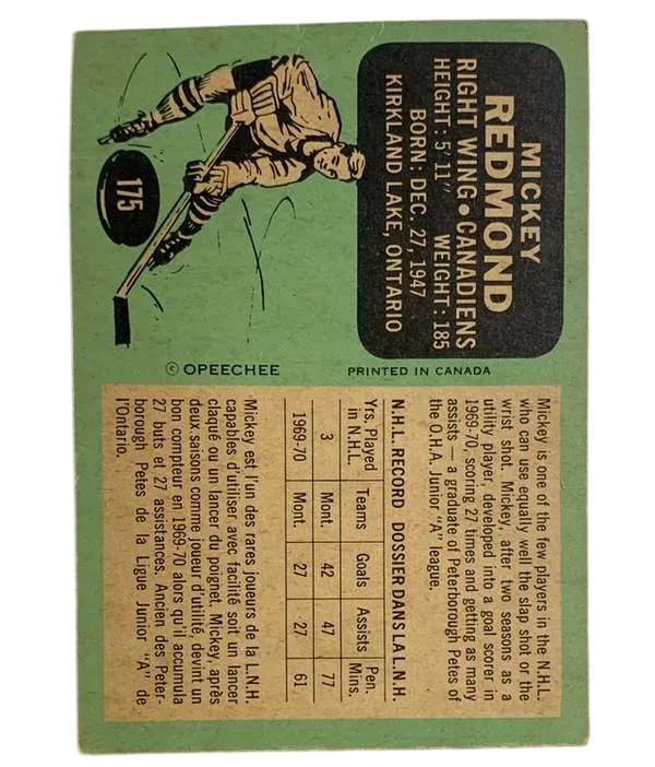 175a Mickey Redmond 1970 71 O Pee Chee from Back Pr