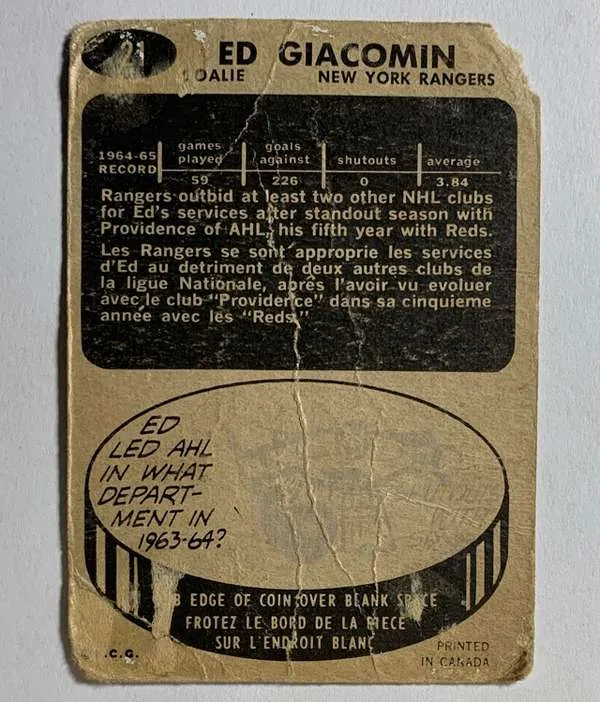 21 Ed Giacomin 1965 66 from Topps Back