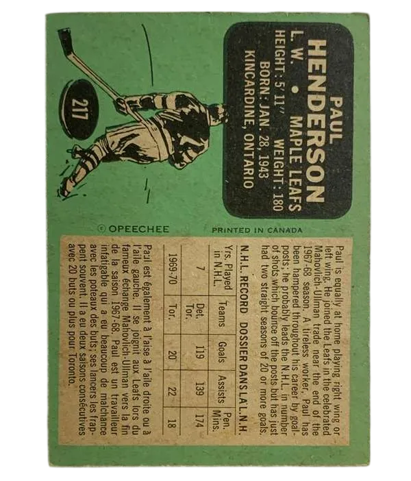 217 Paul Henderson 1970 71 O Pee Chee from Back Ex