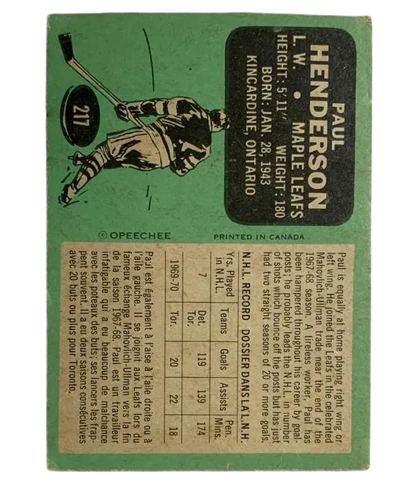 217 Paul Henderson Ex 1970 71 O Pee from Chee Back