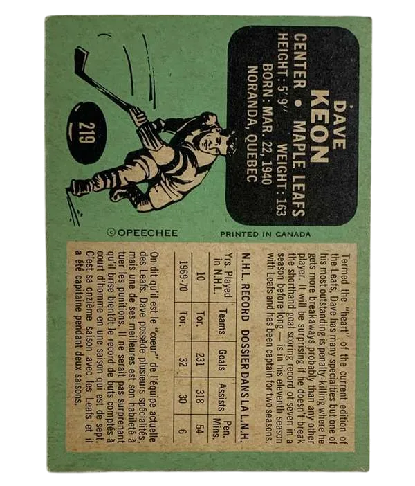 219 Dave Keon 1970 71 O Pee from Chee Back