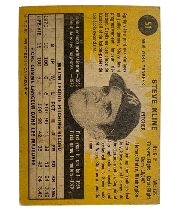51 Steve Kline 1971 from Topps Back