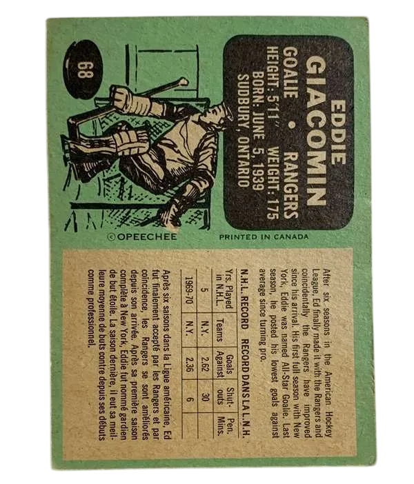68 Eddie Giacomin 1970 71 O Pee Chee from Back Vg