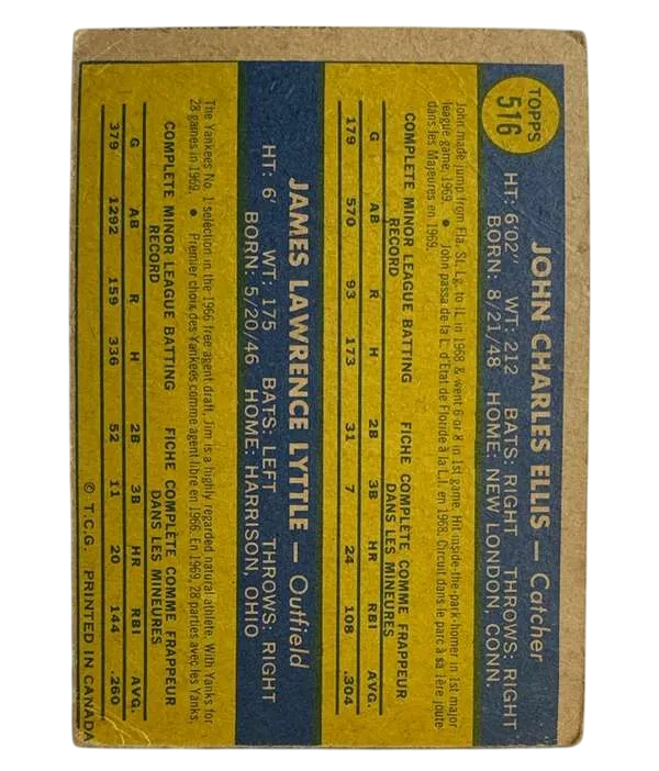 516 Yankees 1970 Rookie Stars John Ellis Jim Lyttle Rs Rc 1970 O Pee from Chee Back