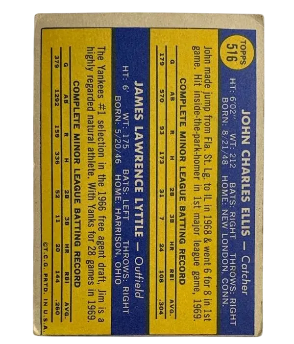 516 Yankees 1970 Rookie Stars John Ellis Jim Lyttle Rs Rc 1970 Topps from Back 1