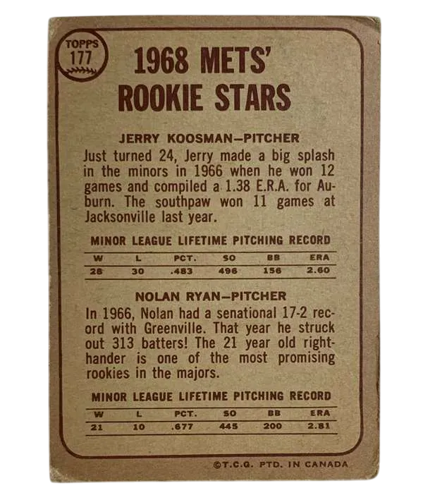 177 Mets 1968 Rookie Stars Jerry Koosman Nolan Ryan Rs Rc Uer 1968 O Pee from Chee Back