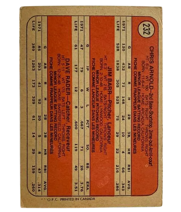 232 Giants 1972 Rookie Stars Chris Arnold Jim Barr Dave Rader Rs Rc 1972 O Pee from Chee Back