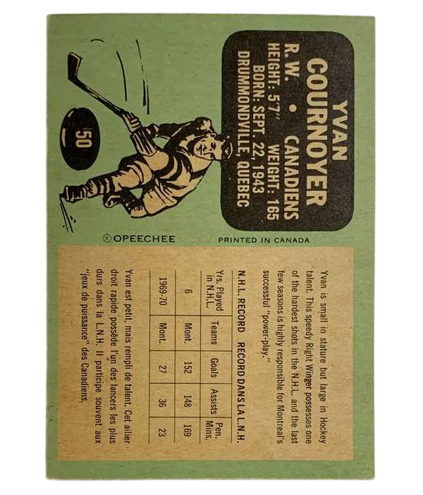 50 Yvan Cournoyer 1970 71 O Pee Chee from Back Nm