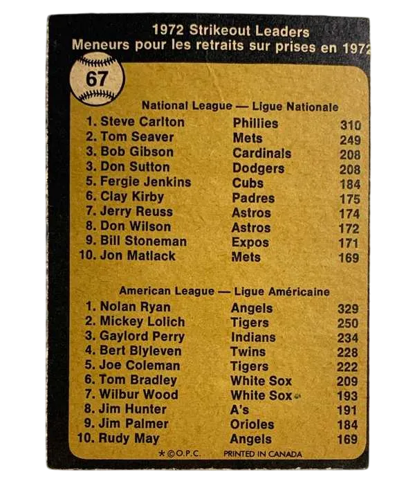 67 1972 Strikeout Leaders Steve Carlton Nolan Ryan Ll 1973 from Topps Back