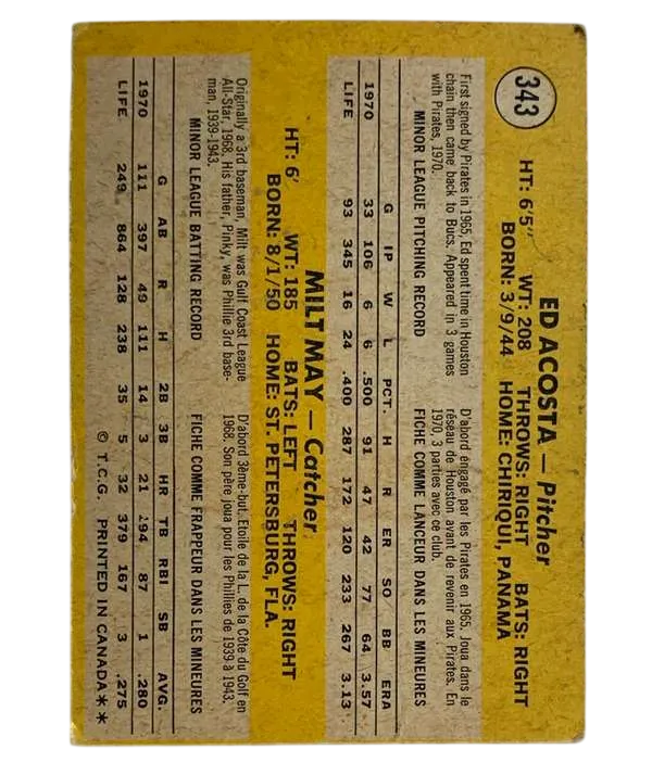 343 Pirates 1971 Rookie Stars Ed Acosta Milt May Rs Rc 1971 O Pee from Chee Back