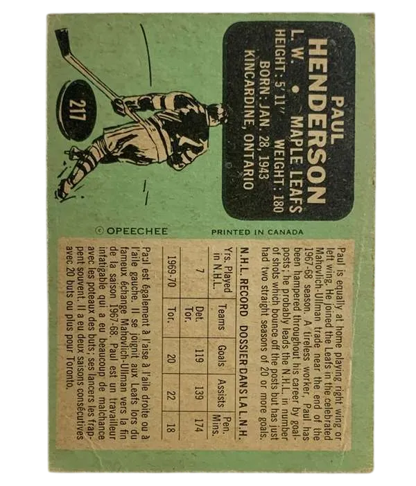 217 Paul Henderson 1970 71 O Pee Chee from Back Pr