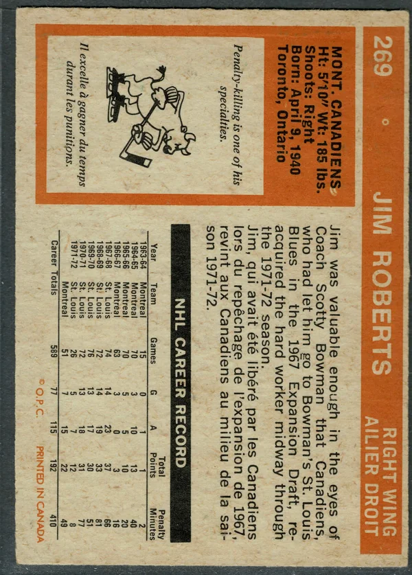 269 Jim Roberts 1972 73 O Pee Chee from Back 1