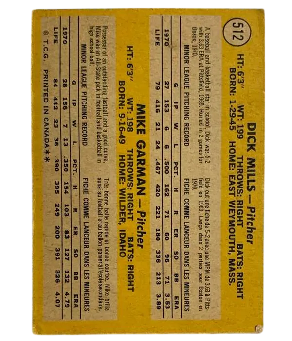 512 Red Sox 1971 Rookie Stars Dick Mills Mike Garman Rs Rc 1971 O Pee from Chee Back