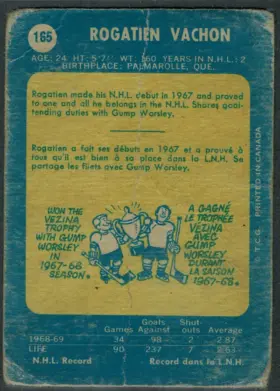 165 Rogatien Vachon 1969 70 O Pee Chee from Back Vg3