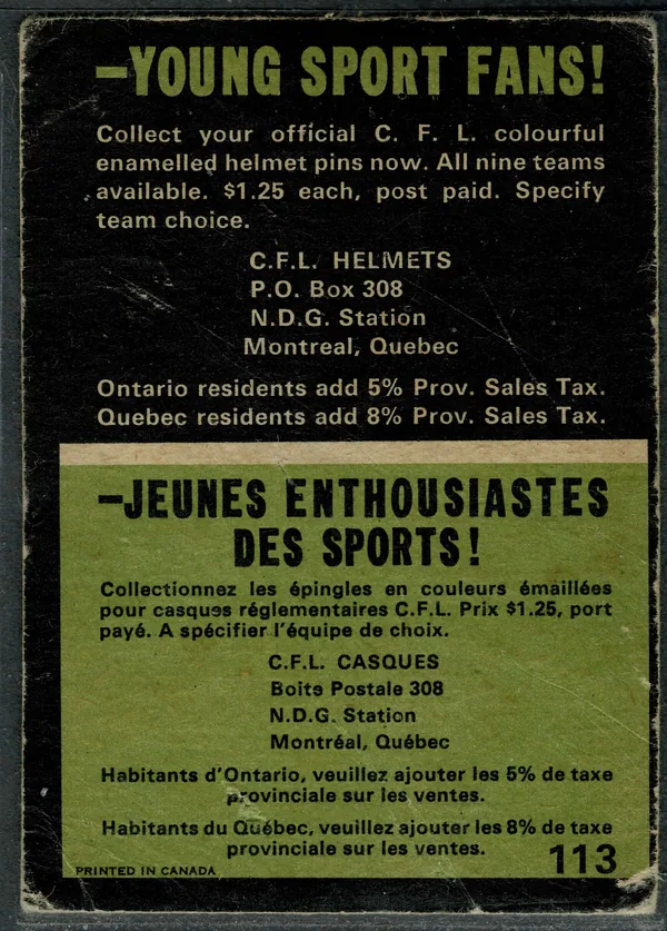 113 Lineman Of The Year 1970 O Pee Chee from Back 1