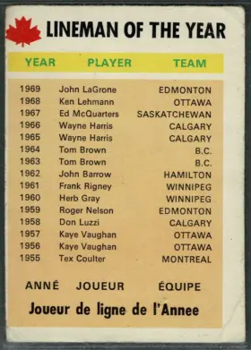 113 Lineman Of The Year 1970 O Pee Chee from Front 1
