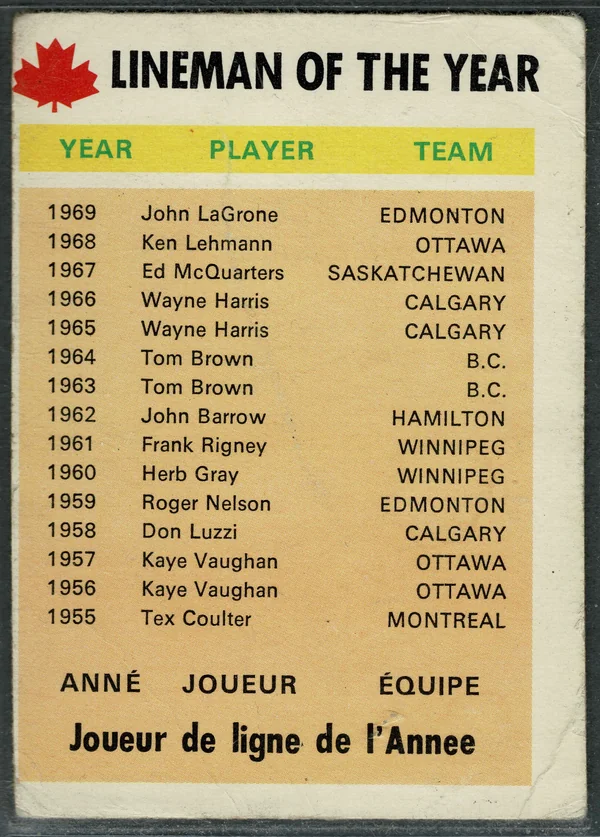 113 Lineman Of The Year 1970 O Pee Chee from Front 1