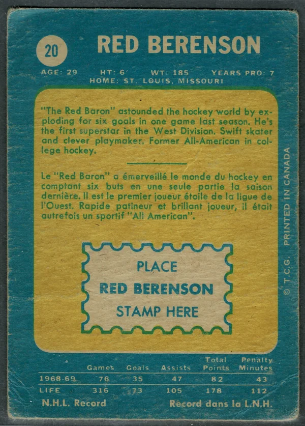 20 Red Berenson 1969 70 O Pee from Chee Back