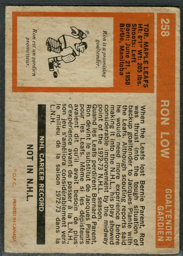 258 Ron Low 1972 73 O Pee Chee from Back 2