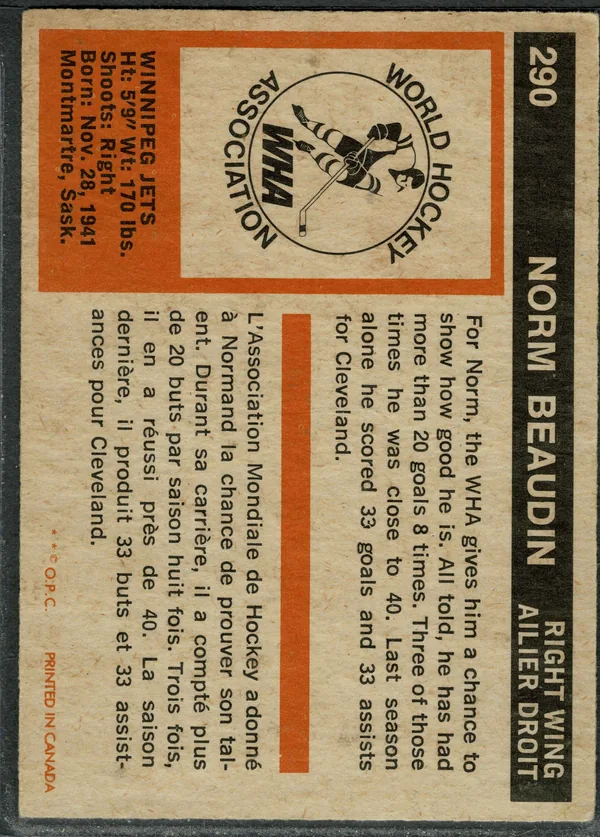 308 Wha Norm Beaudin 1972 73 O Pee Chee Back Vg Ex from 4 1