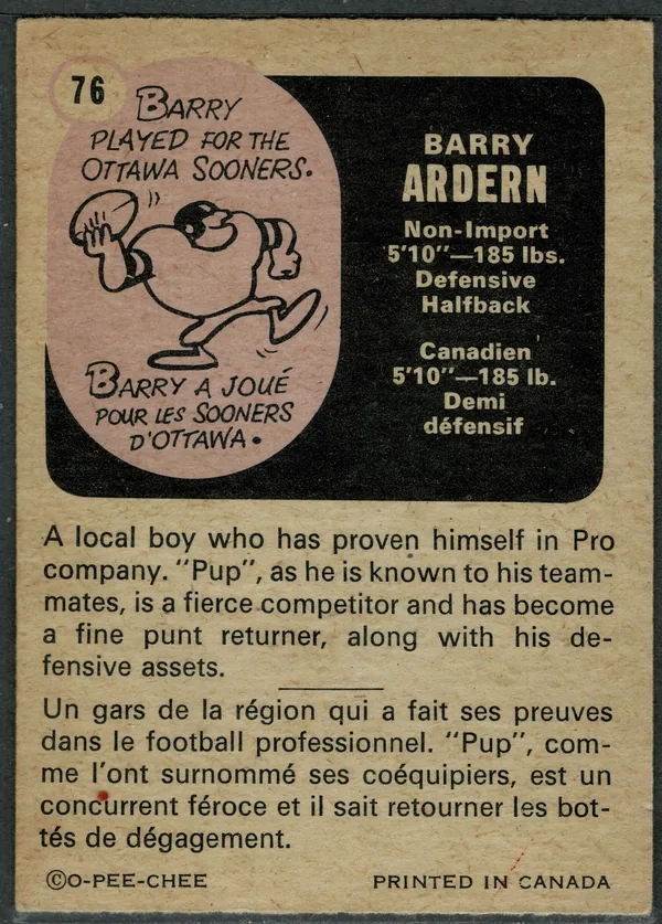 76 Barry Ardern 1971 O Pee Chee from Back 1