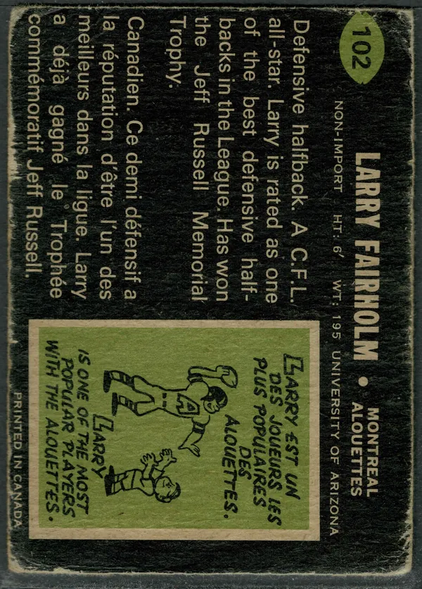 102 Larry Fairholm 1970 O Pee Chee Back from Vg 3