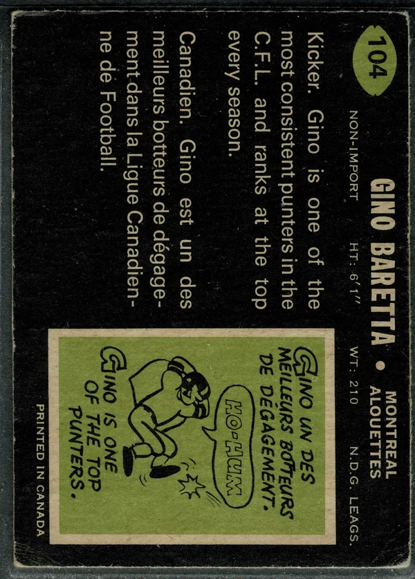 104 Gino Baretta 1970 O Pee Chee Back Vg Ex from 4 1