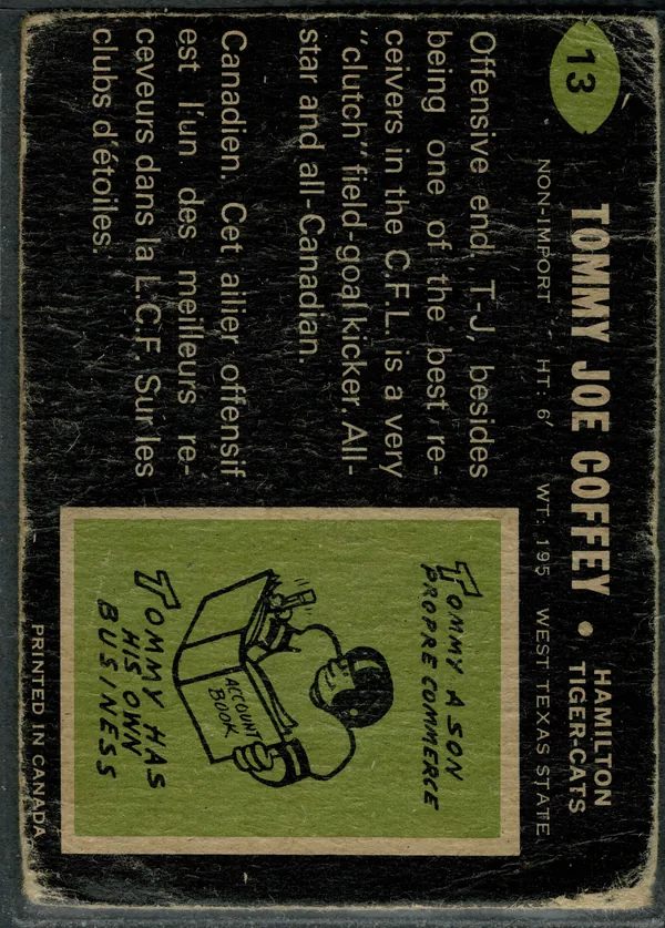 13 Tommy Joe Coffey 1970 O Pee Chee from Back Vg3