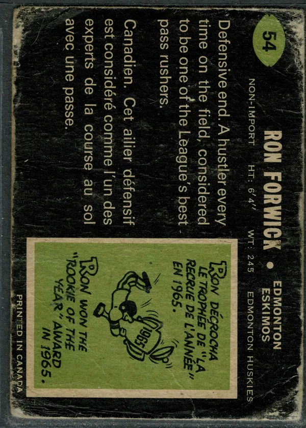 54 Ron Forwick 1970 O Pee Chee from Back Vg3