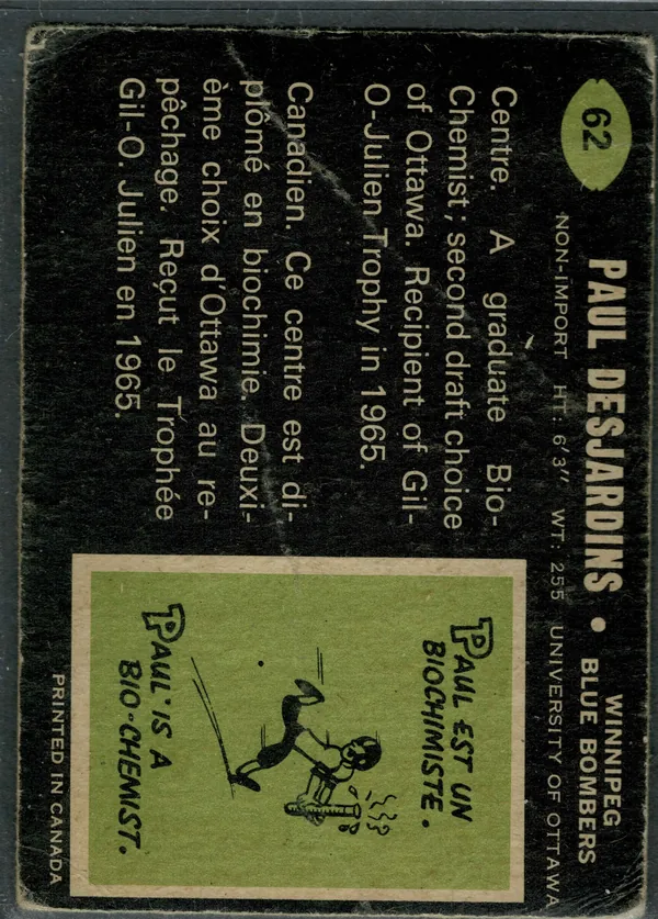 62 Paul Desjardins 1970 O Pee Chee from Back G