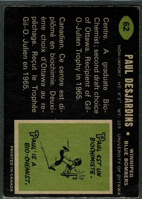62 Paul Desjardins 1970 O Pee Chee from Back Vg3