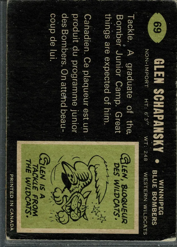 69 Glen Schapansky 1970 O Pee Chee from Back Vg