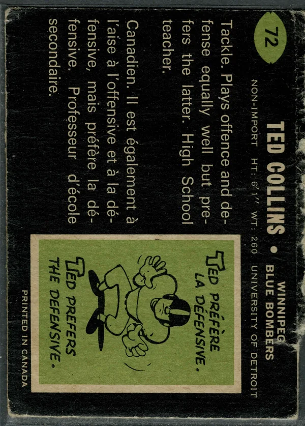 72 Ted Collins 1970 O Pee Chee from Back Gvg
