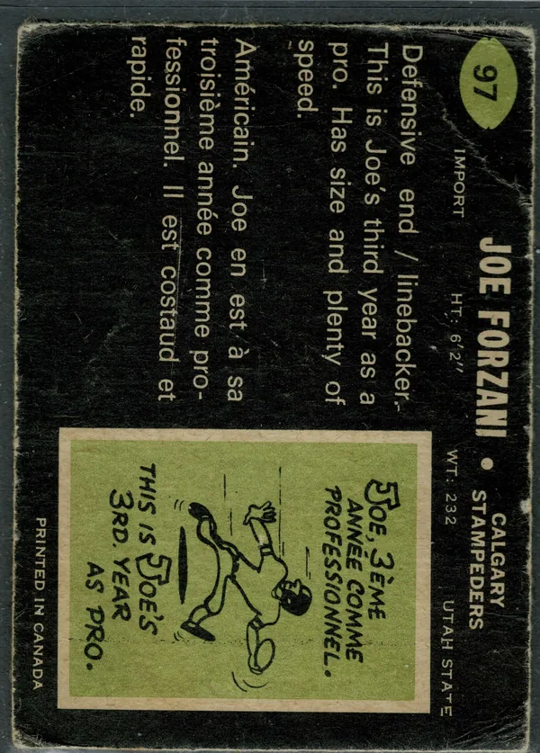 97 Joe Forzani 1970 O Pee Chee Back from Vg 3