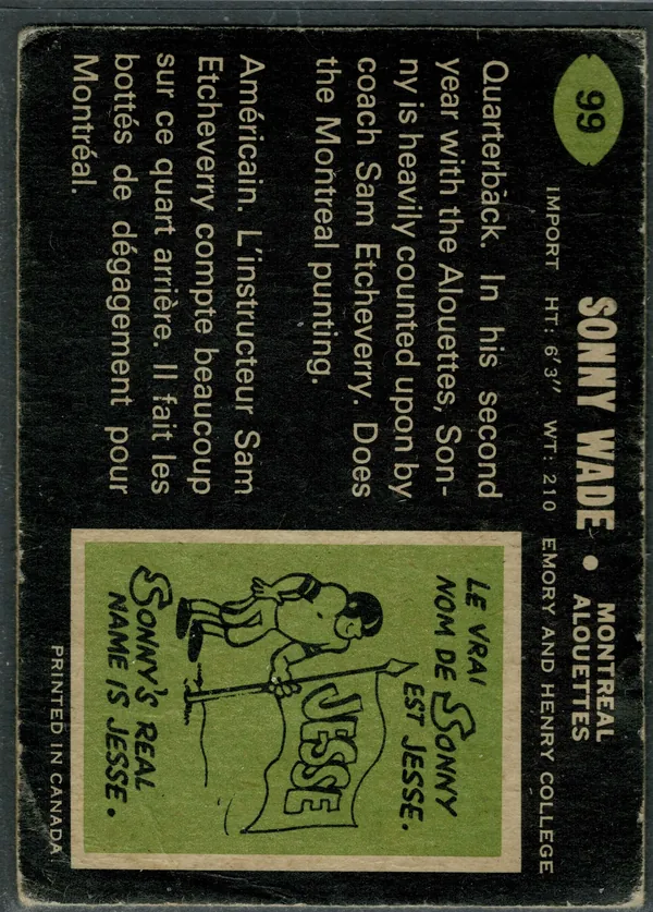 99 Sonny Wade 1970 O Pee Chee from Back Good