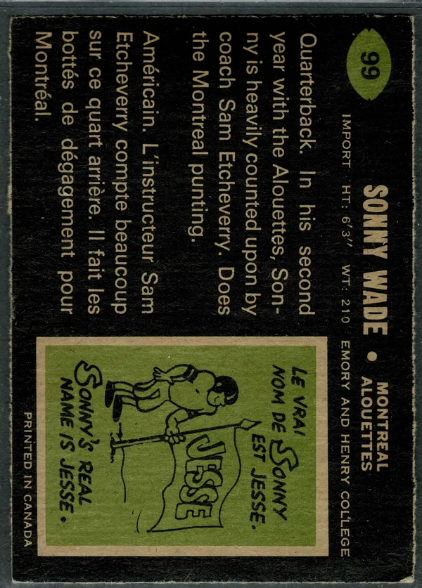 99 Sonny Wade 1970 O Pee Chee from Back Vgex