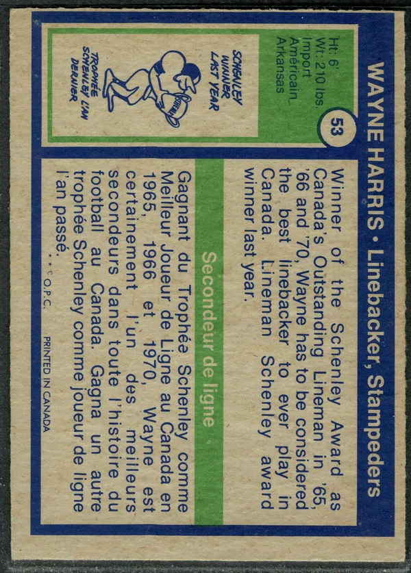 O Pee Chee 53 Wayne Harris 1972 O Pee Chee from Cfl Back