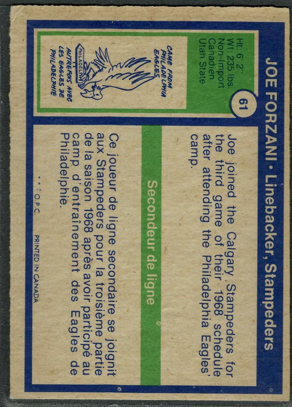 O Pee Chee 61 Joe Forzani 1972 O Pee Chee from Cfl Back