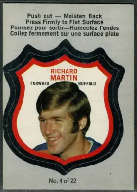 1972-73 O-Pee-Chee Player Crests Richard Martin #4 Push-Out Insert Buffalo Sabres